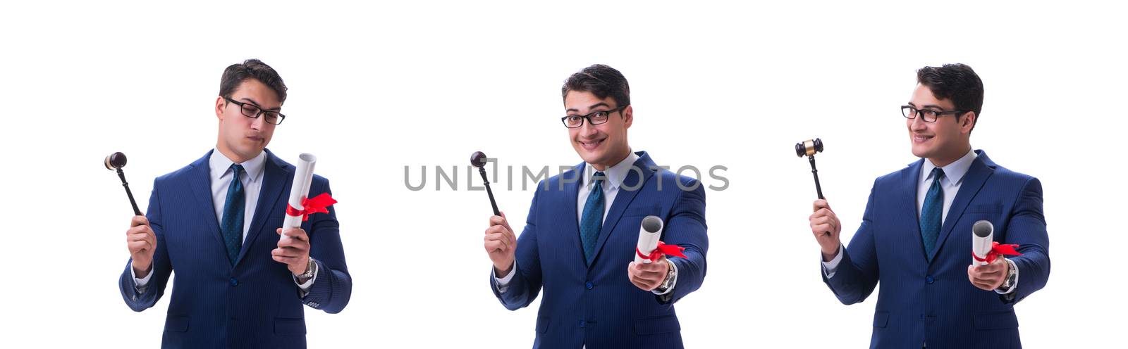 Lawyer law student with a gavel isolated on white background