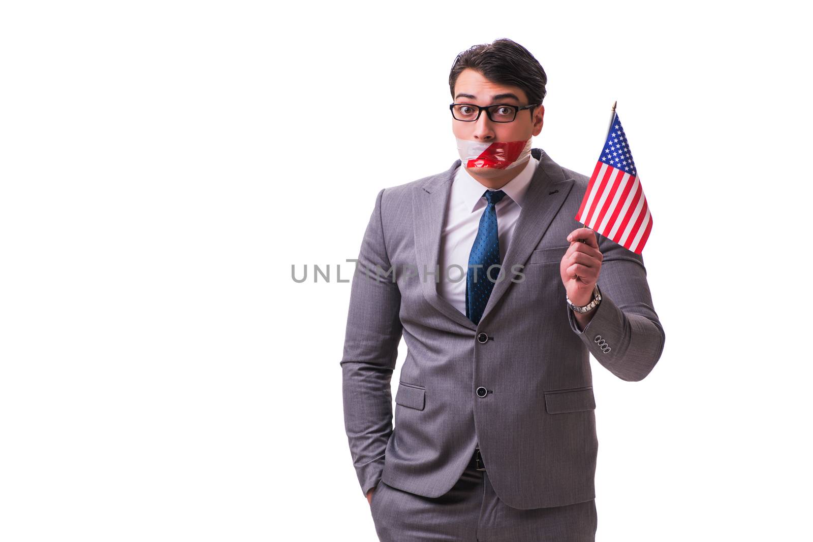 Businessman in censorship concept isolated on white
