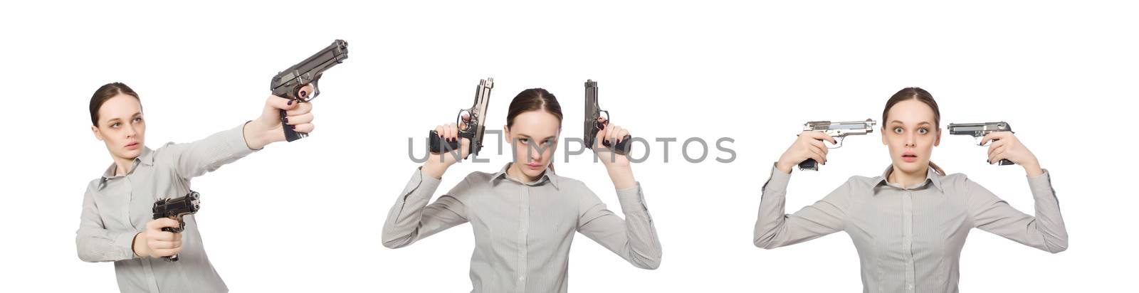 Young businesswoman in funny concept on white