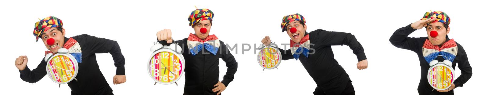 Funny clown with clock isolated on white