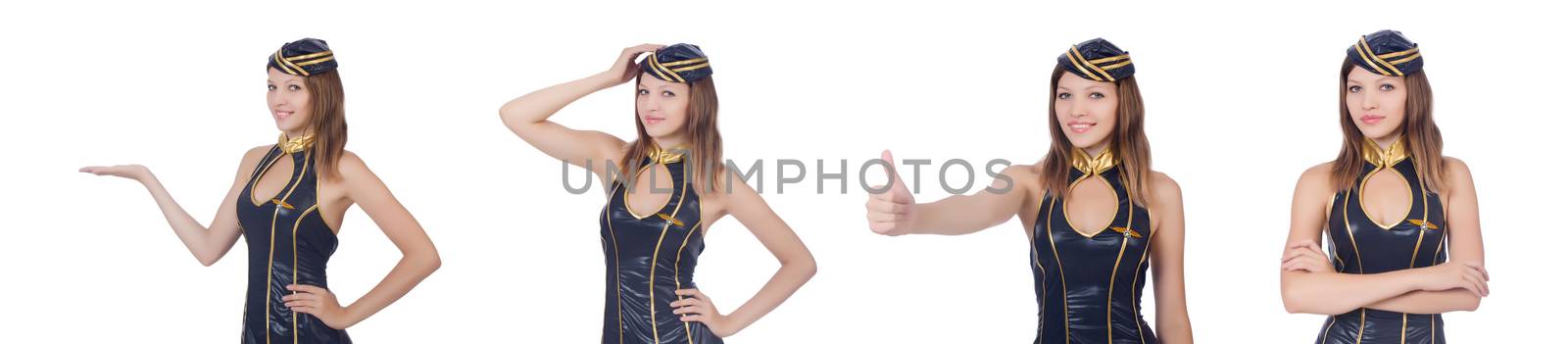 Young airhostess holding hands isolated on white