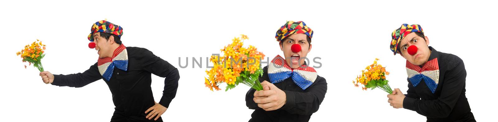 Funny clown with flowers isolated on white