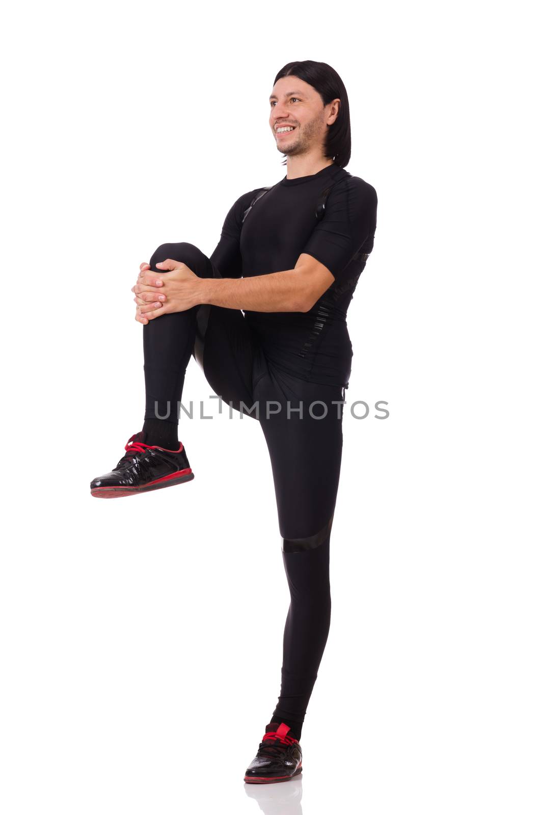 Young man doing exercises isolated on white