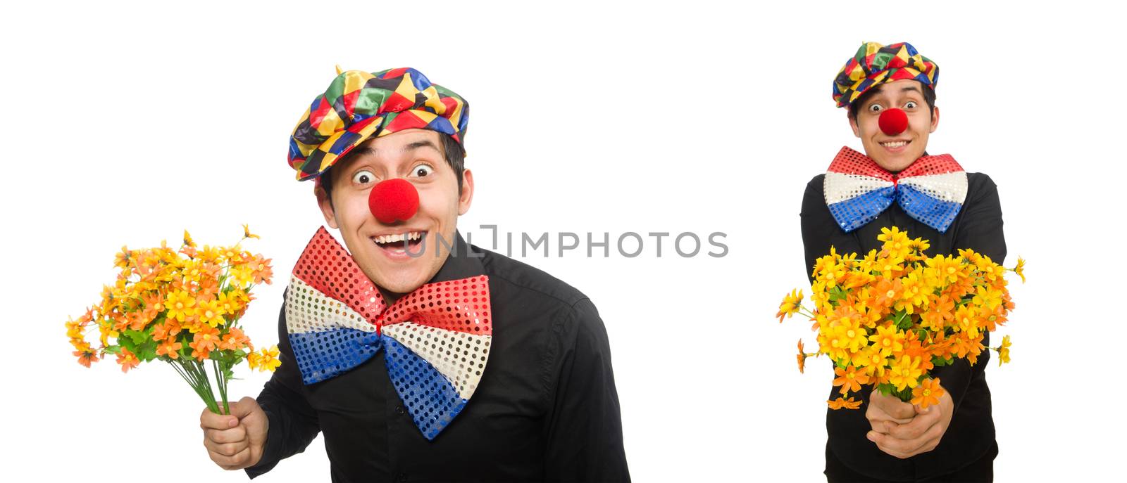 Funny clown with flowers isolated on white