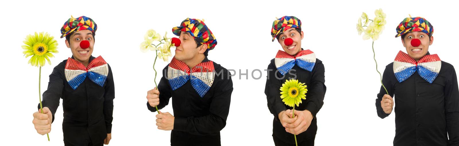 Funny clown with flowers isolated on white