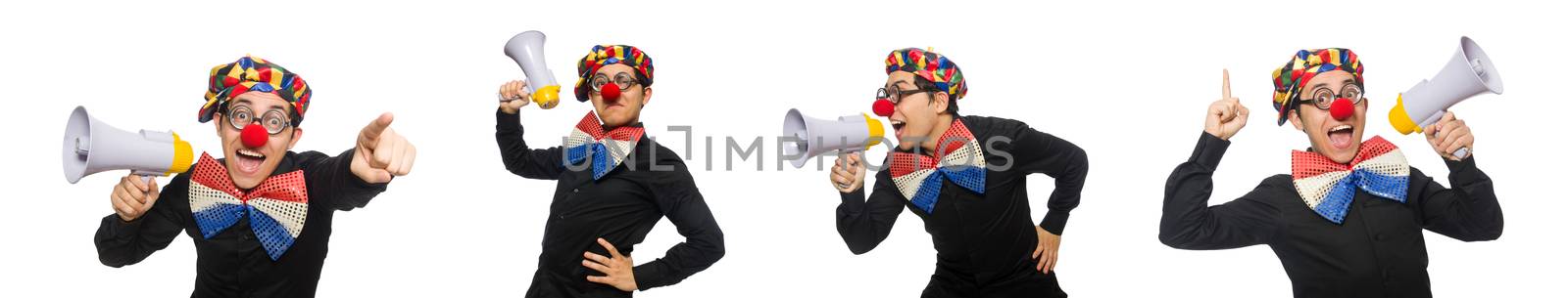 Clown with loudspeaker isolated on white