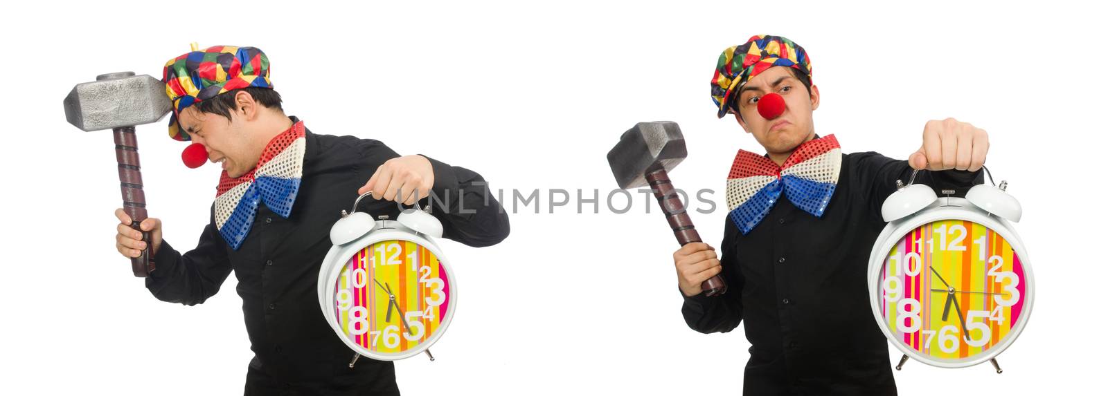 Funny clown with hammer and clock on white