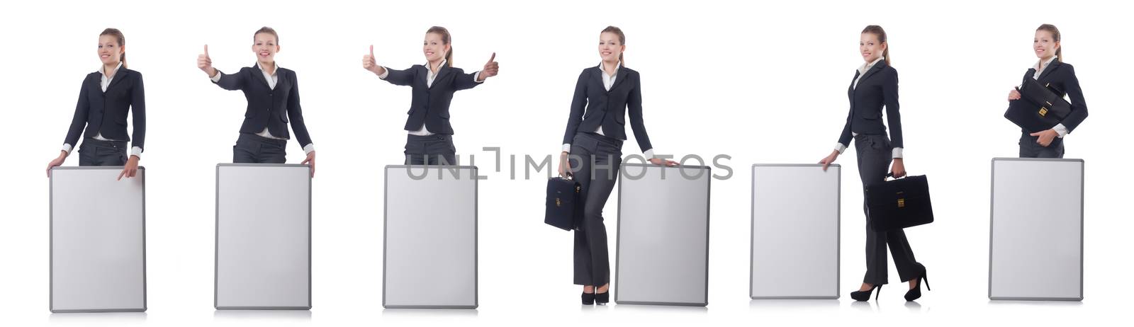 Woman businesswoman with blank board on white