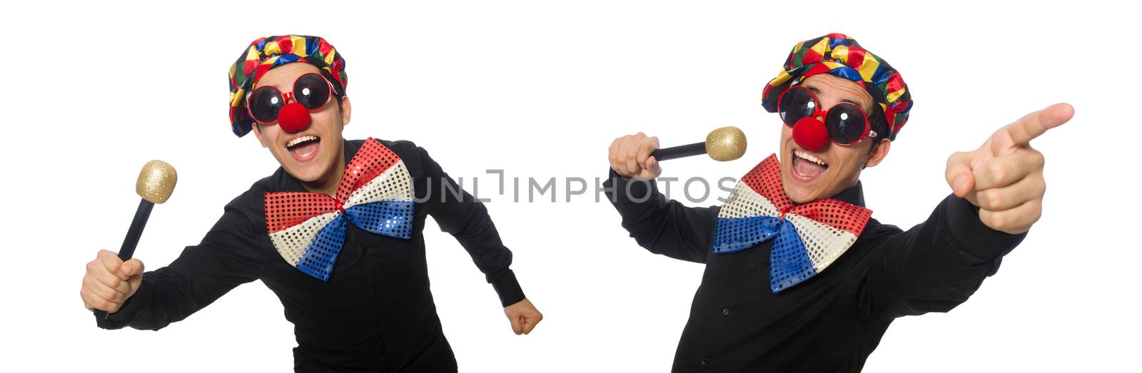 Clown with microphone isolated on white