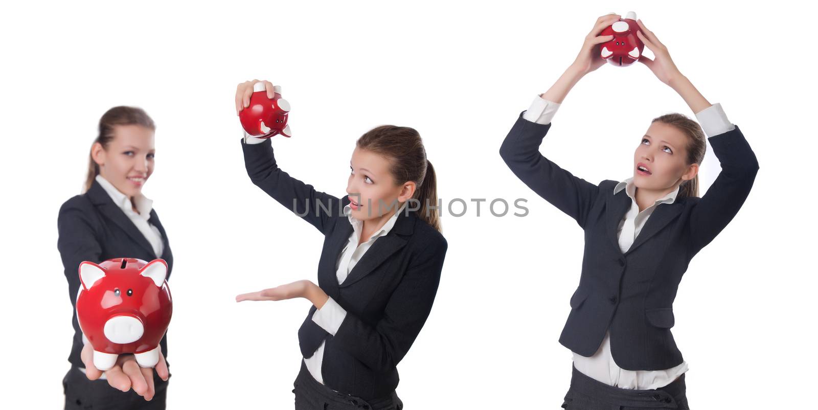 Woman businesswoman with piggybank on white