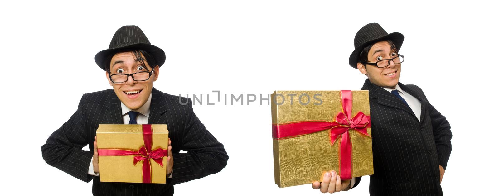 Funny man with giftbox on white