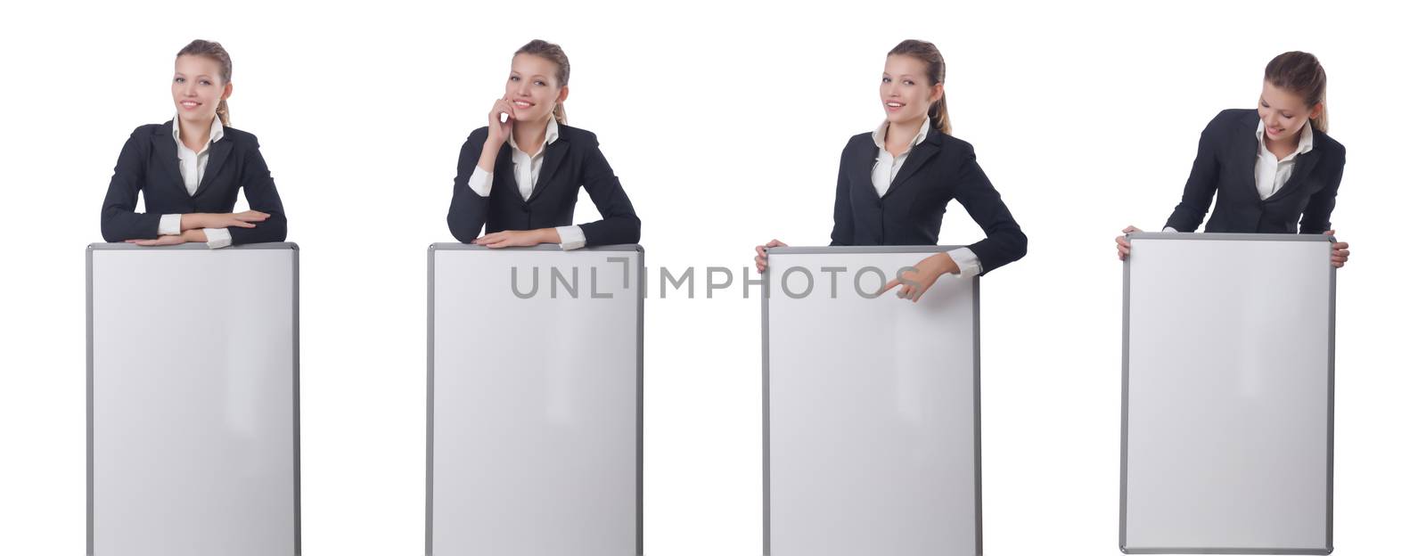 Woman businesswoman with blank board on white