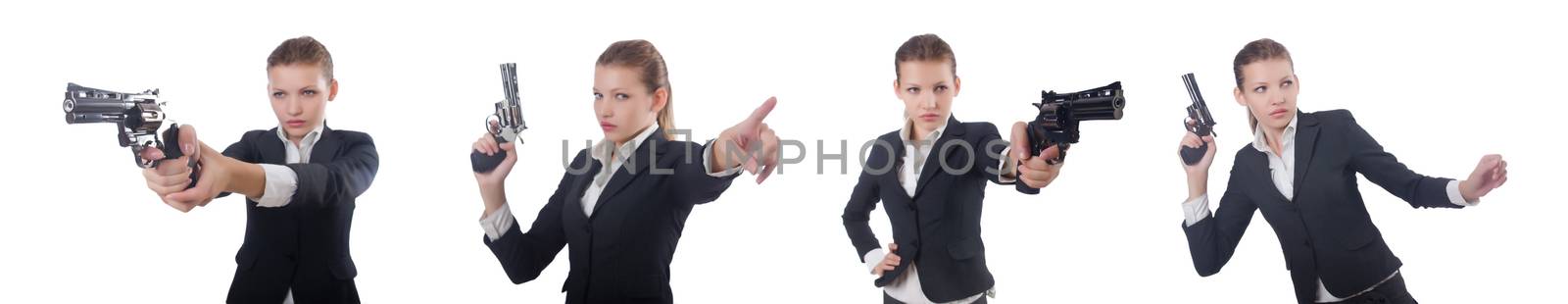 Woman businesswoman with gun on white