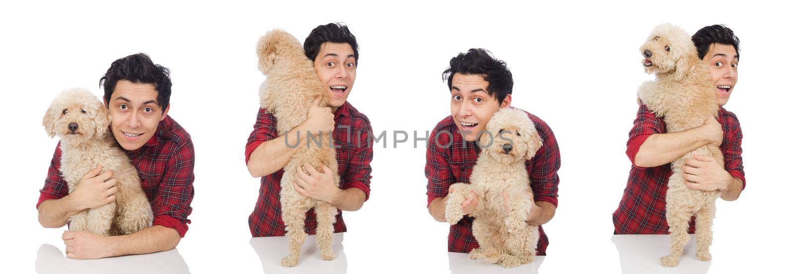 Young man with dog isolated on white