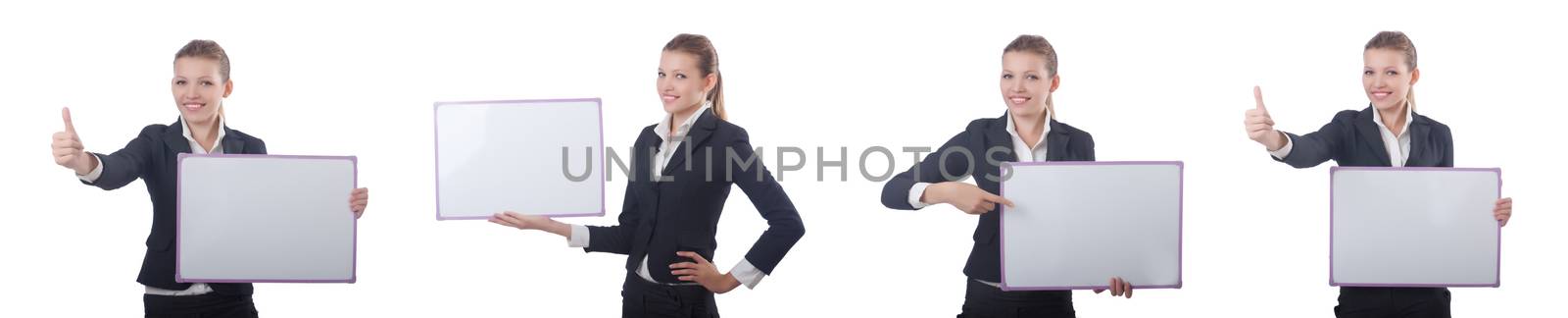 Woman businesswoman with blank board on white