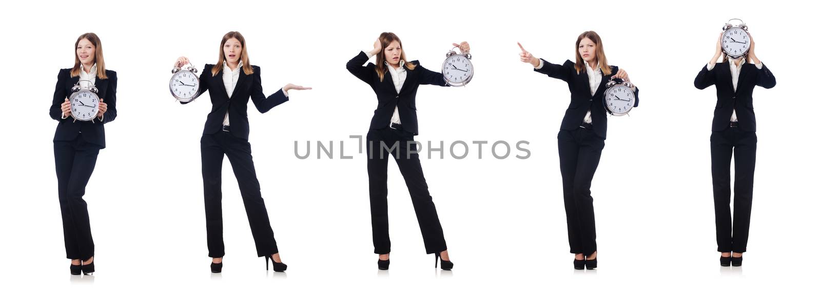 Businesswoman with clock isolated on white