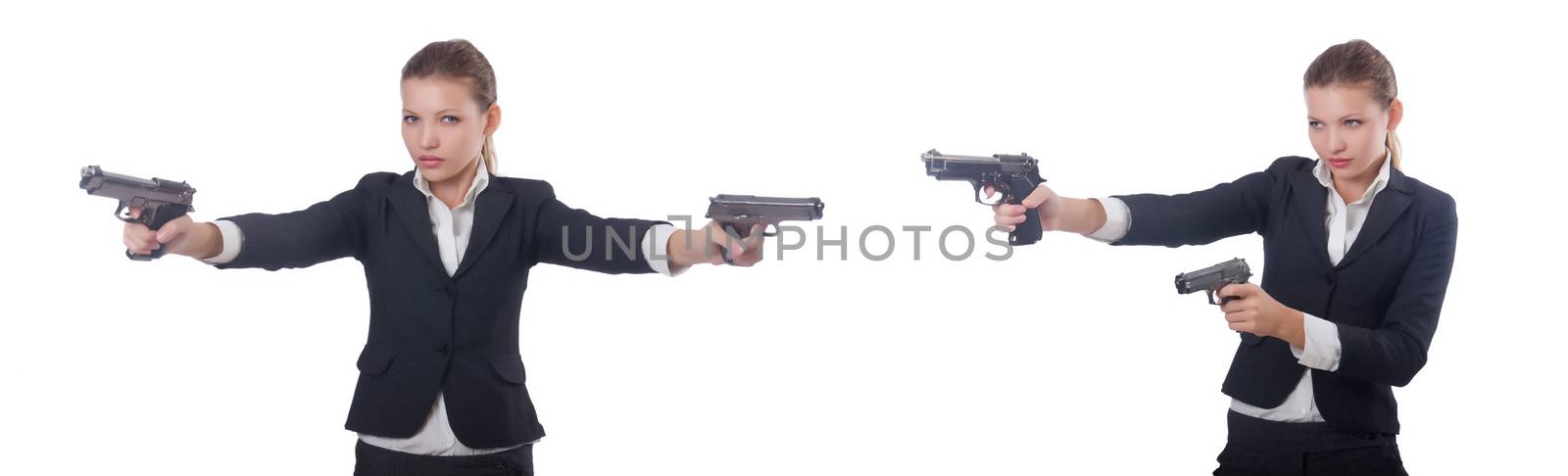 Woman businesswoman with gun on white