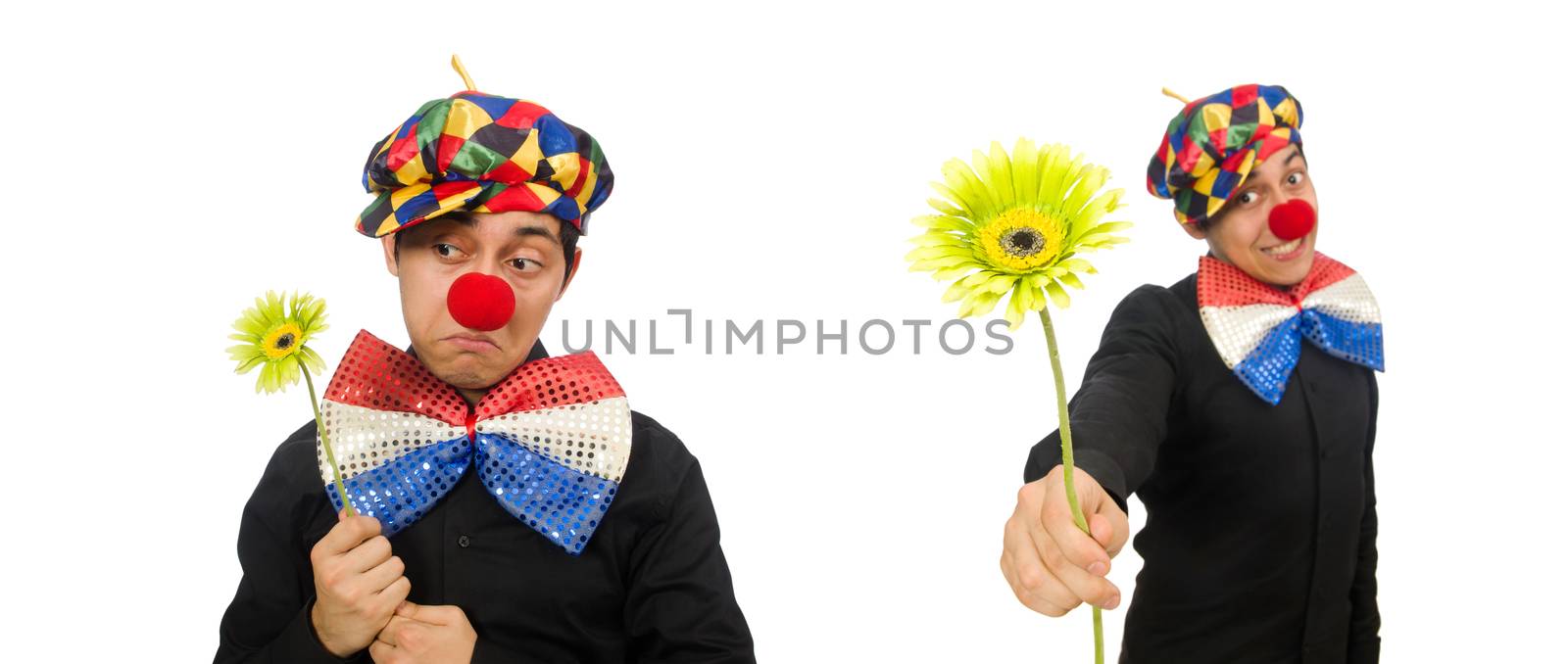 Funny clown with flowers isolated on white