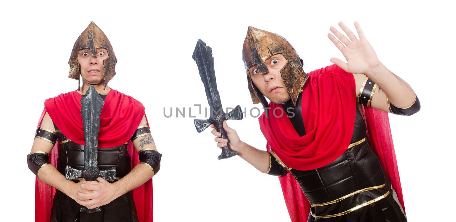 Gladiator holding sword isolated on white