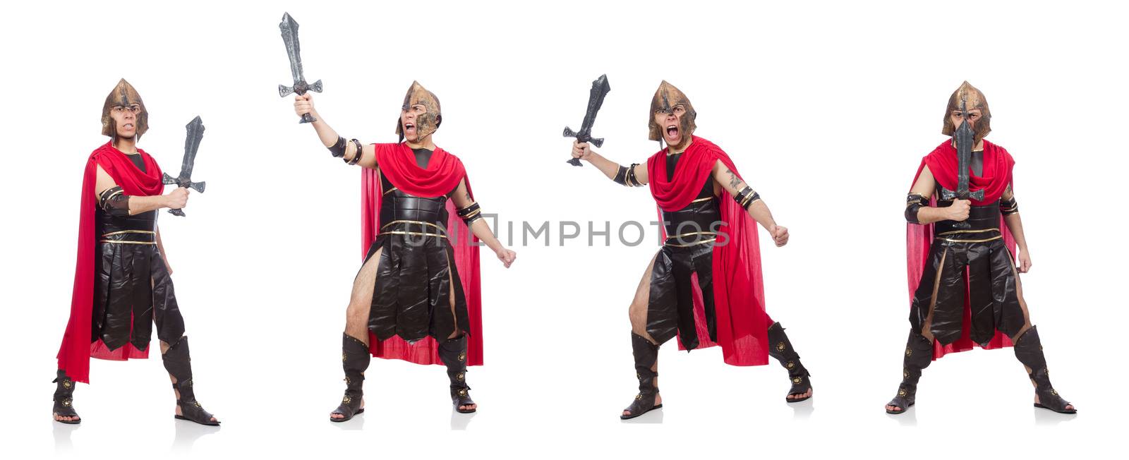 Gladiator holding sword isolated on white