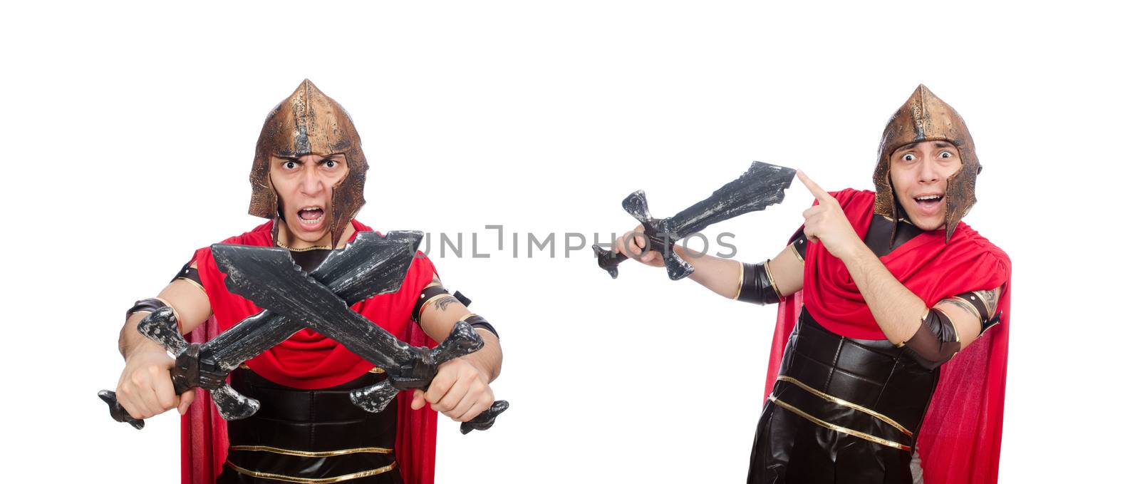 Gladiator holding sword isolated on white