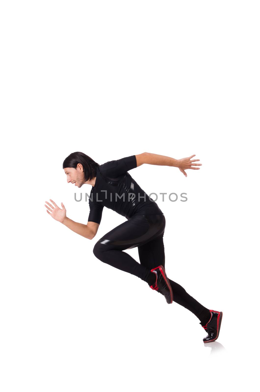 Young man doing exercises isolated on white by Elnur