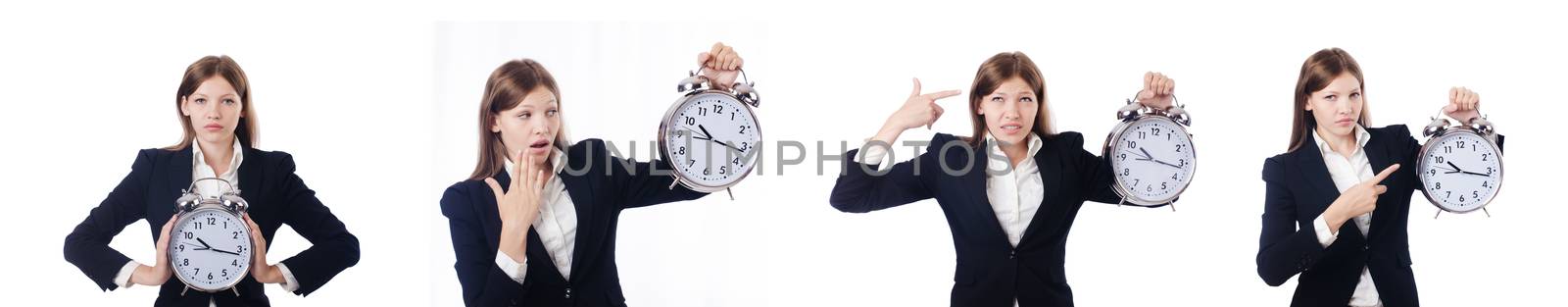 Businesswoman with clock isolated on white