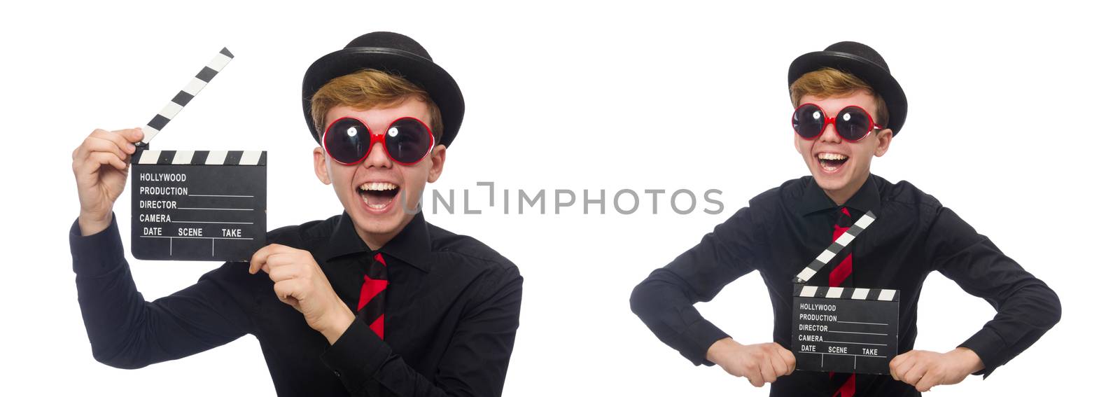 Positive boy with clapper board isolated on white