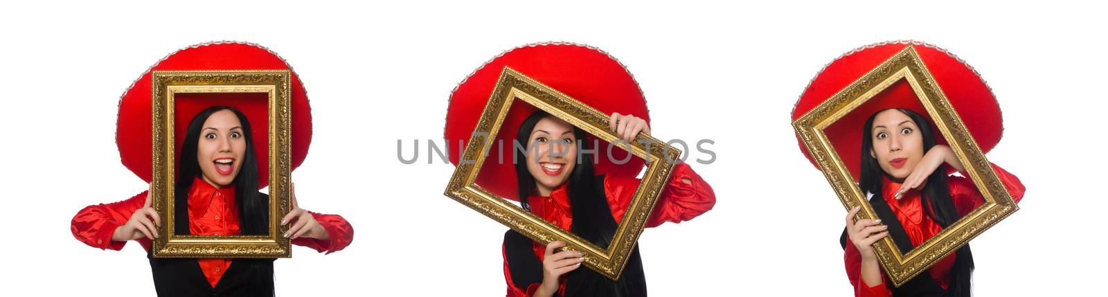 Mexican woman with picture frame on white