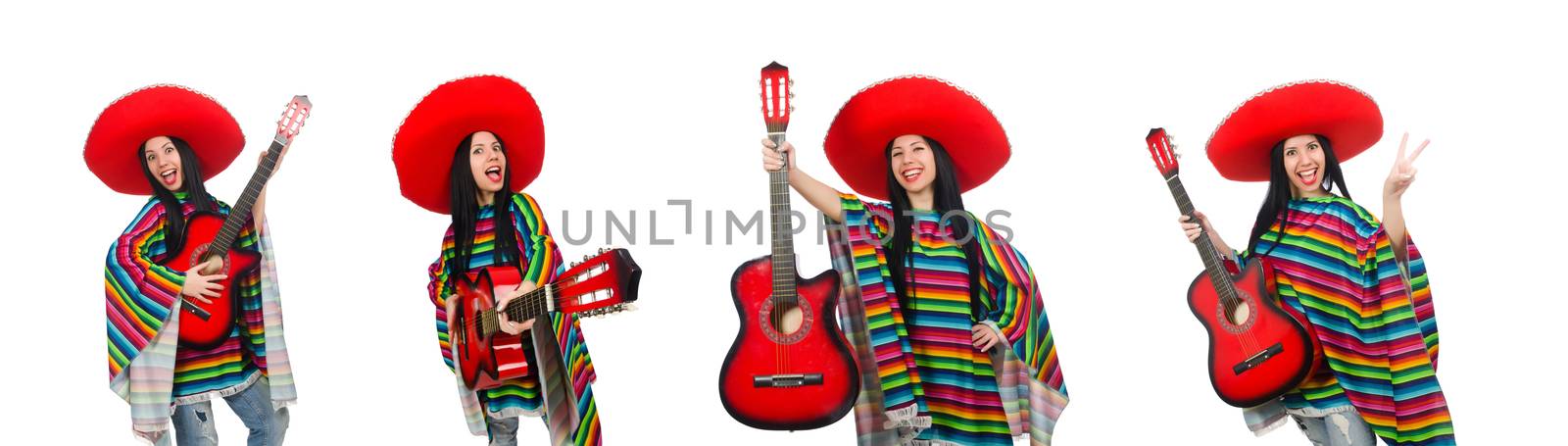Woman mexican guitar player on white