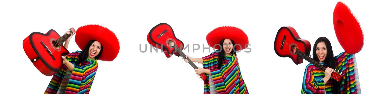 Woman mexican guitar player on white
