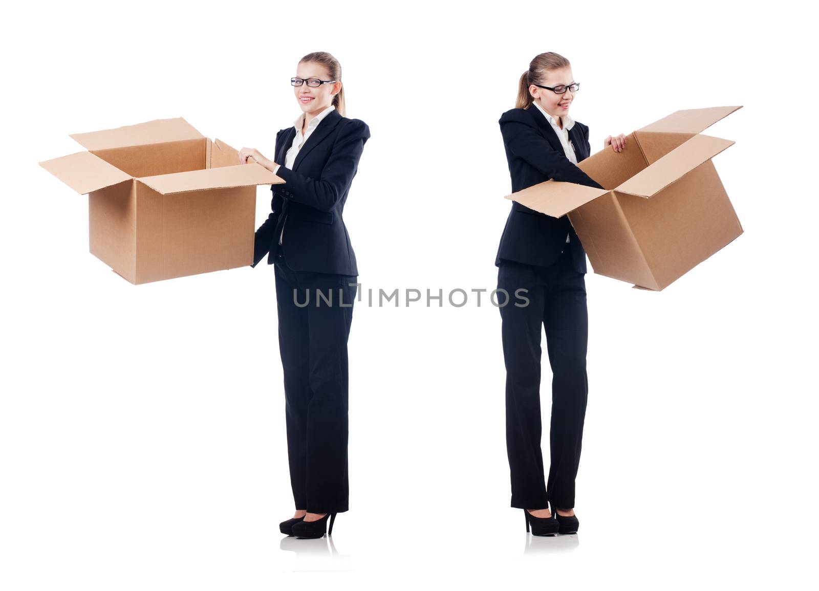 Woman businesswoman with boxes on white