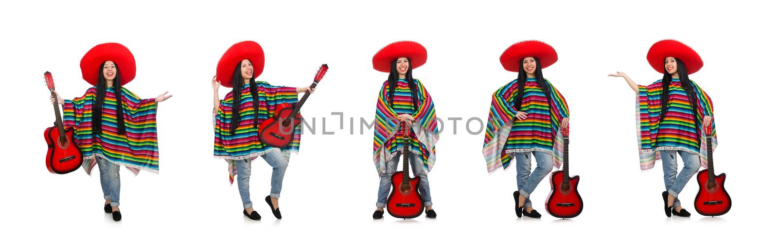 Woman mexican guitar player on white