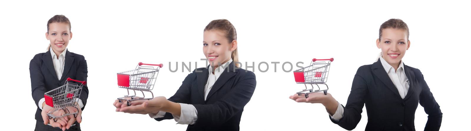 Businesswoman with shopping cart on white