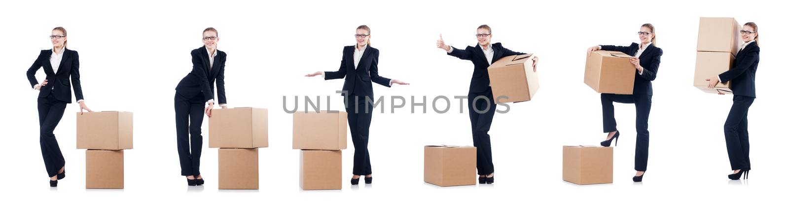 Woman businesswoman with boxes on white