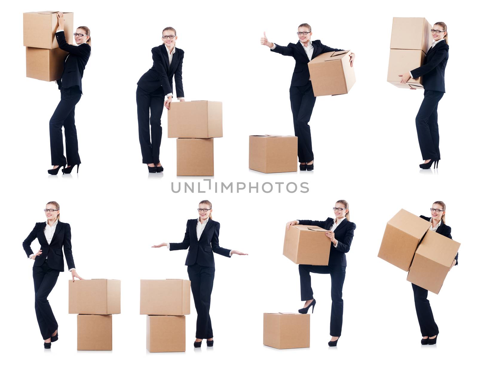 Businesswoman with boxes isolated on white