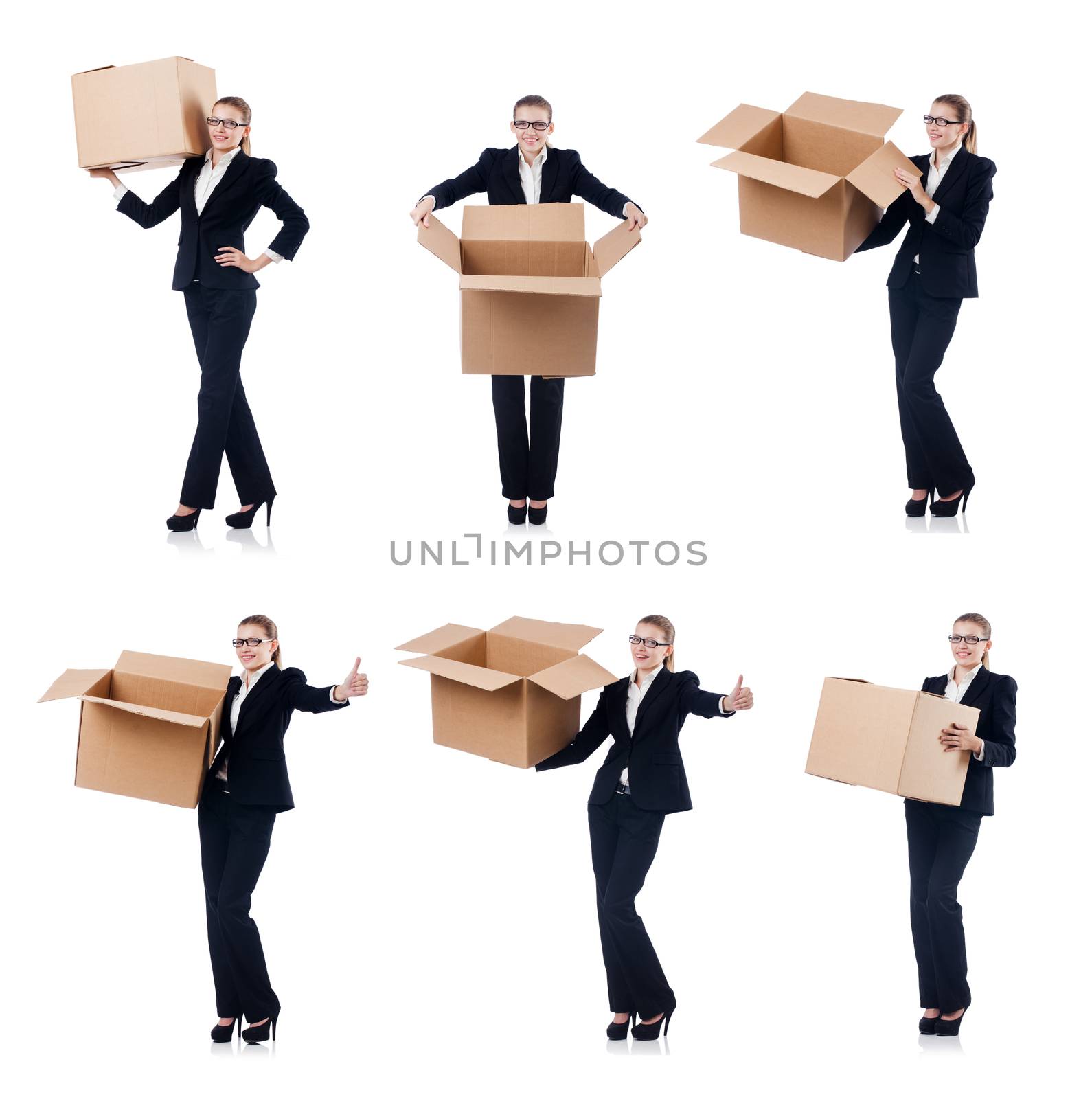 Woman businesswoman with boxes on white