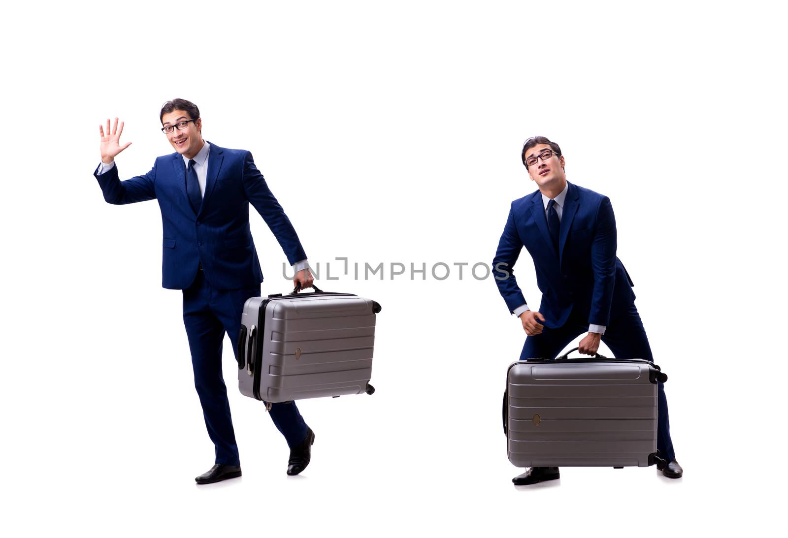 Young businessman with suitcase isolated on white background