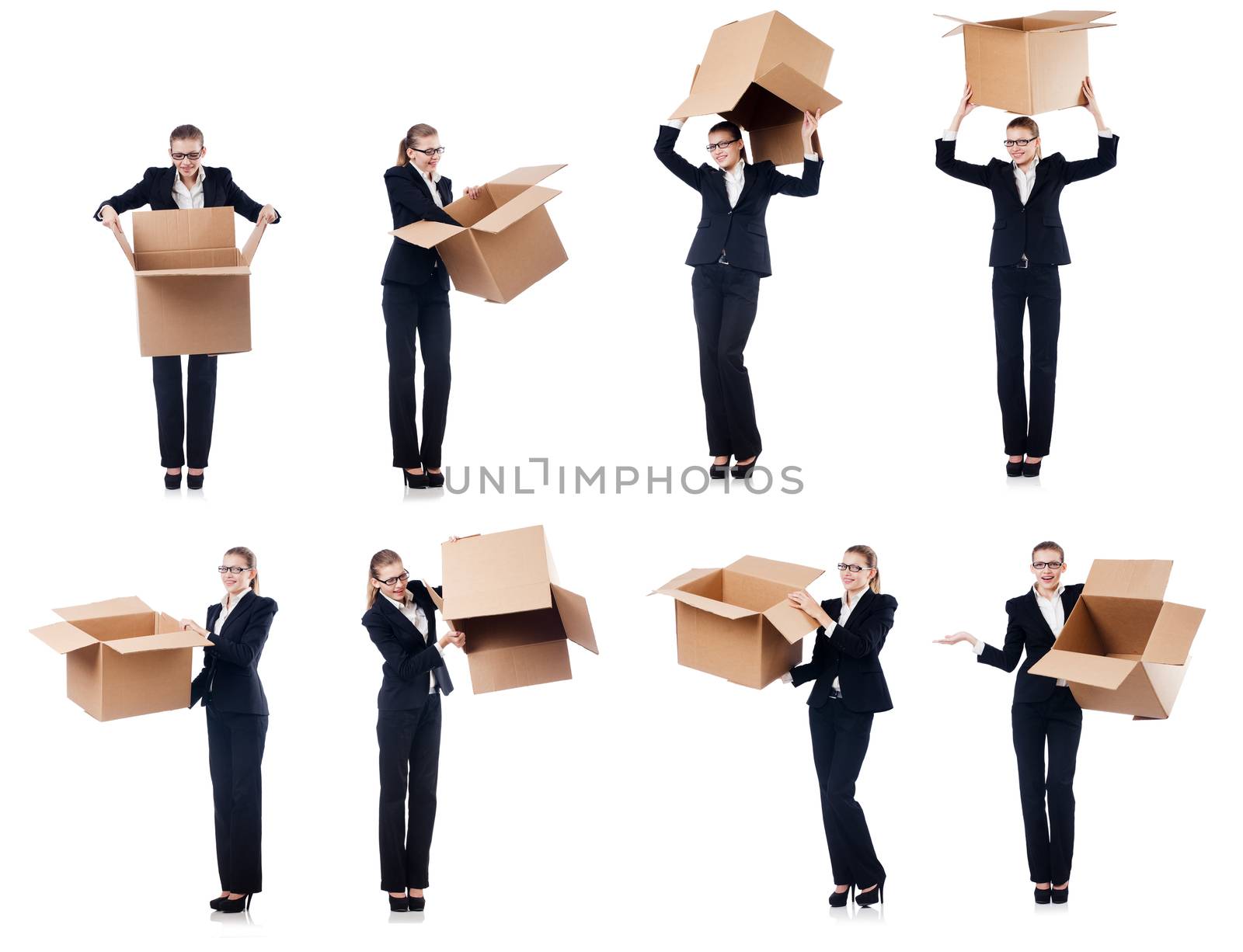 Woman businesswoman with boxes on white