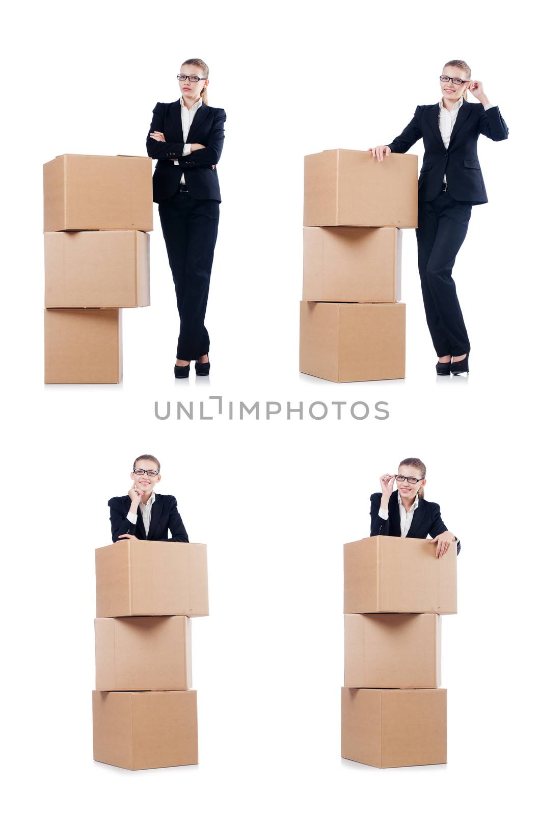 Woman businesswoman with boxes on white