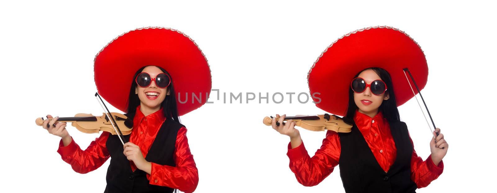 Mexican woman with violin isolated on white