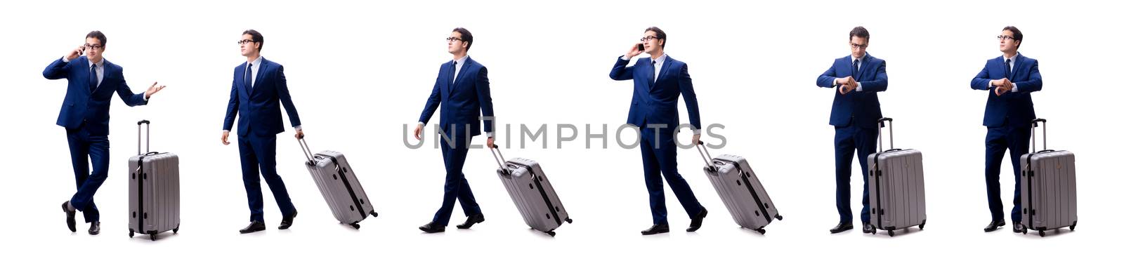 Young businessman with suitcase isolated on white background