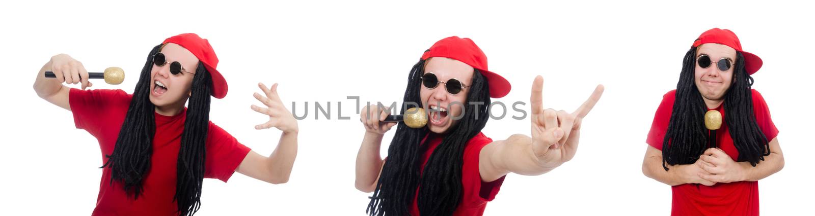Positive boy with microphone isolated on white