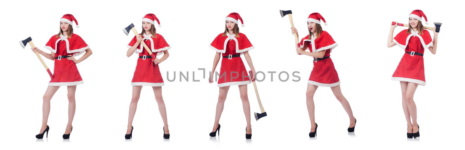 Young woman in red santa costume on white