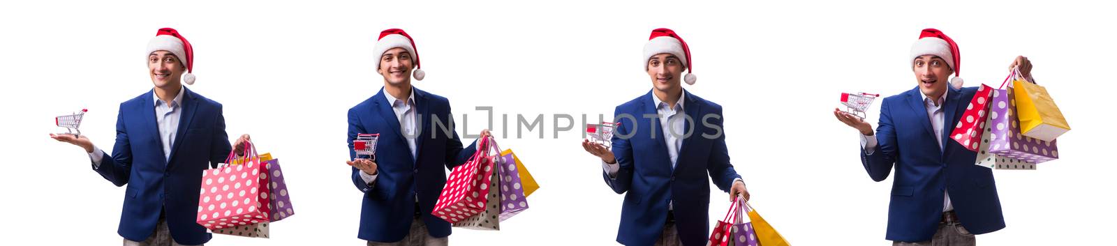 Young man with bags after christmas shopping on white background 