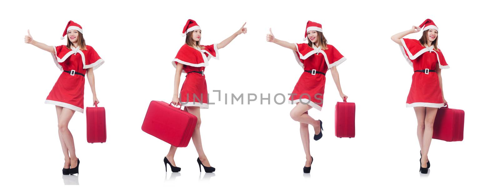 Young woman in red santa costume with suitcase