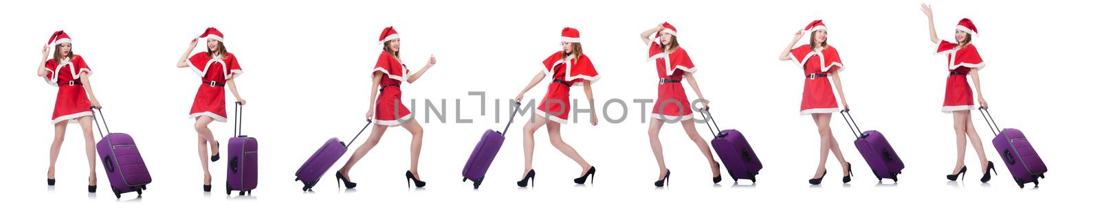 Young woman in red santa costume on white