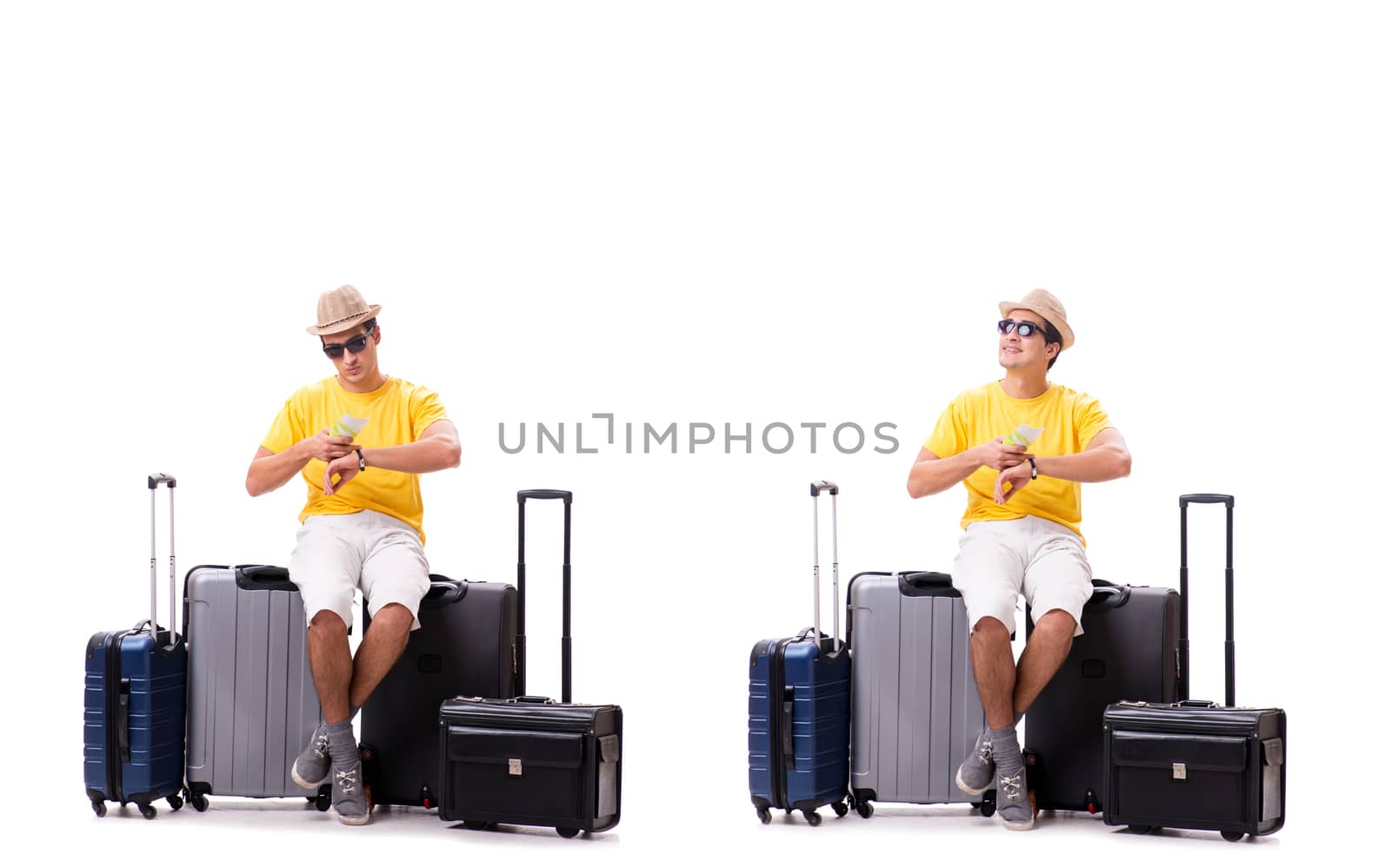 Happy young man going on summer vacation isolated on white