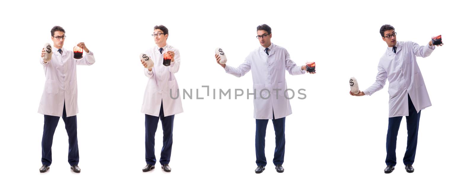 Doctor in blood donation concept isolated on white