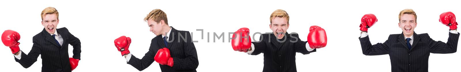 Young employee with boxing gloves isolated on white 